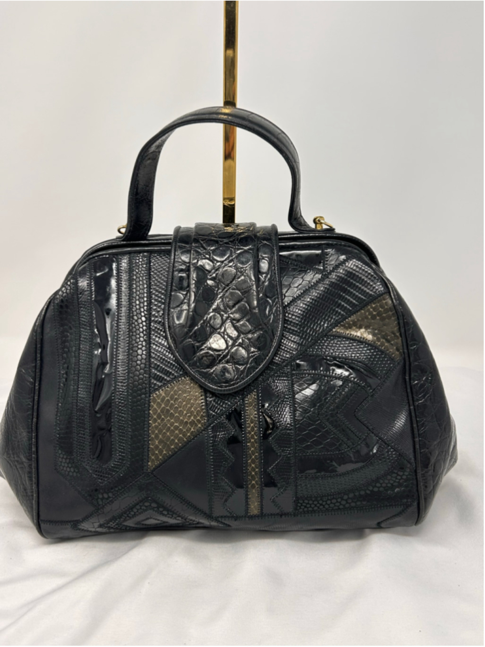 Sharif Vintage Black Patchwork Embossed Leather Handbag USA